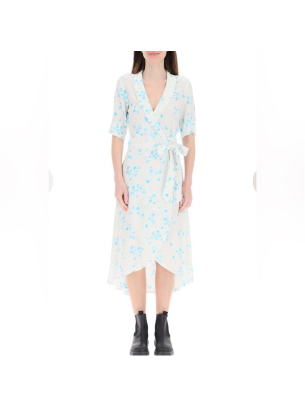 Ganni Floral Crepe Wrap Midi Dress, Egret